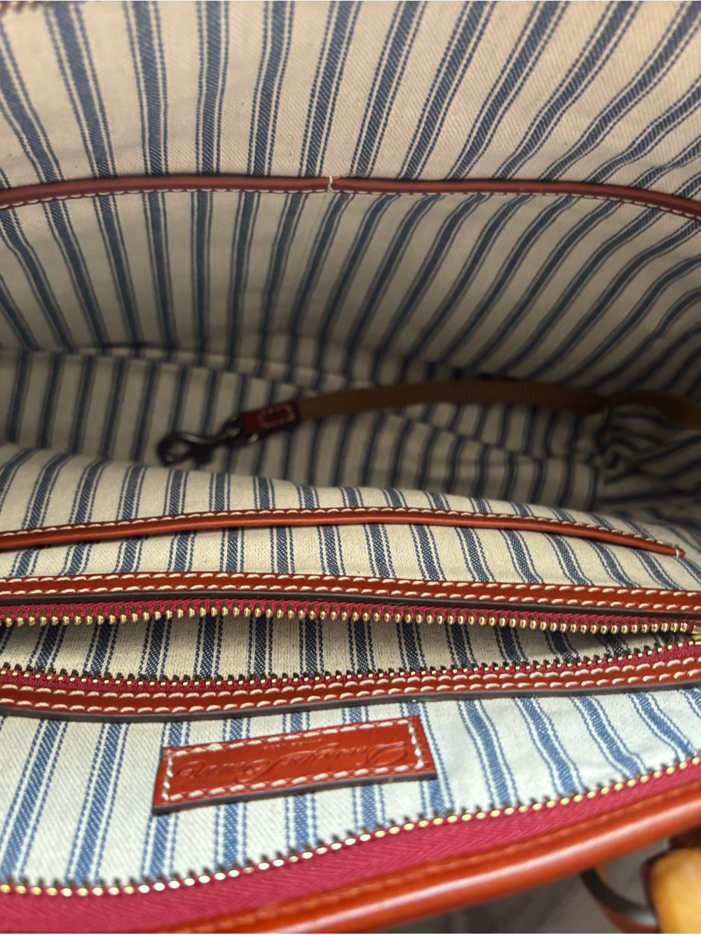 Dooney & Bourke Beige Canvas Satchel with Brown Leather Trim and Bamboo Handles - Picture 2 of 3